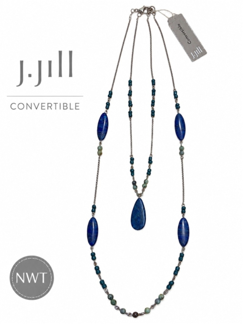 J. Jill Convertible Blue Beaded Necklace NWT Silver Tone Layered Boho